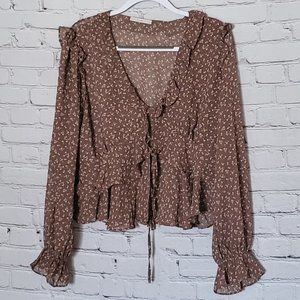 Active USA, Size: Junior 1XL, Brown Floral Print Tie Close Long Sleeve Blouse